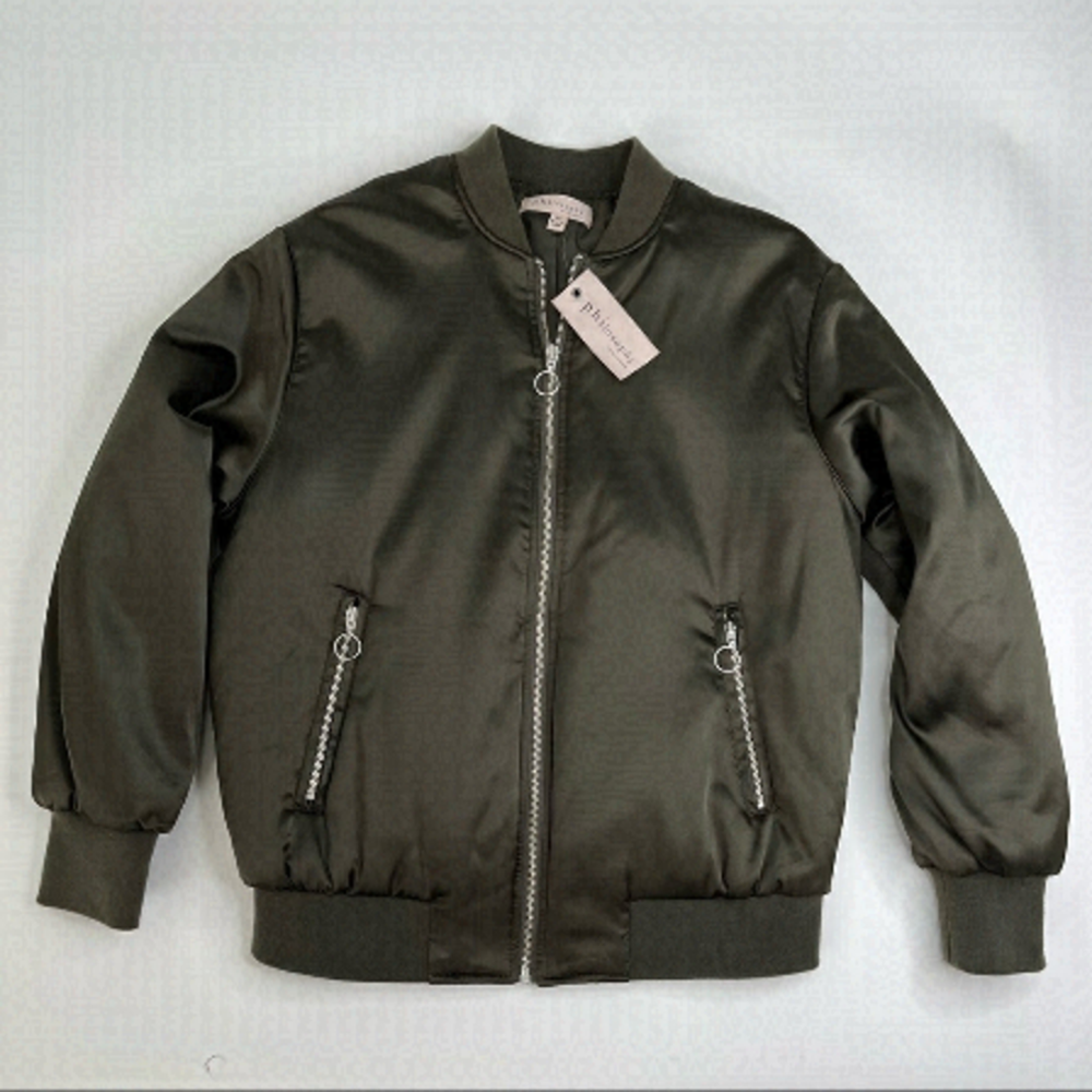New Philosophy Rich Olive Green Satin 90s Zip-up Preppy College Bomber Jacket